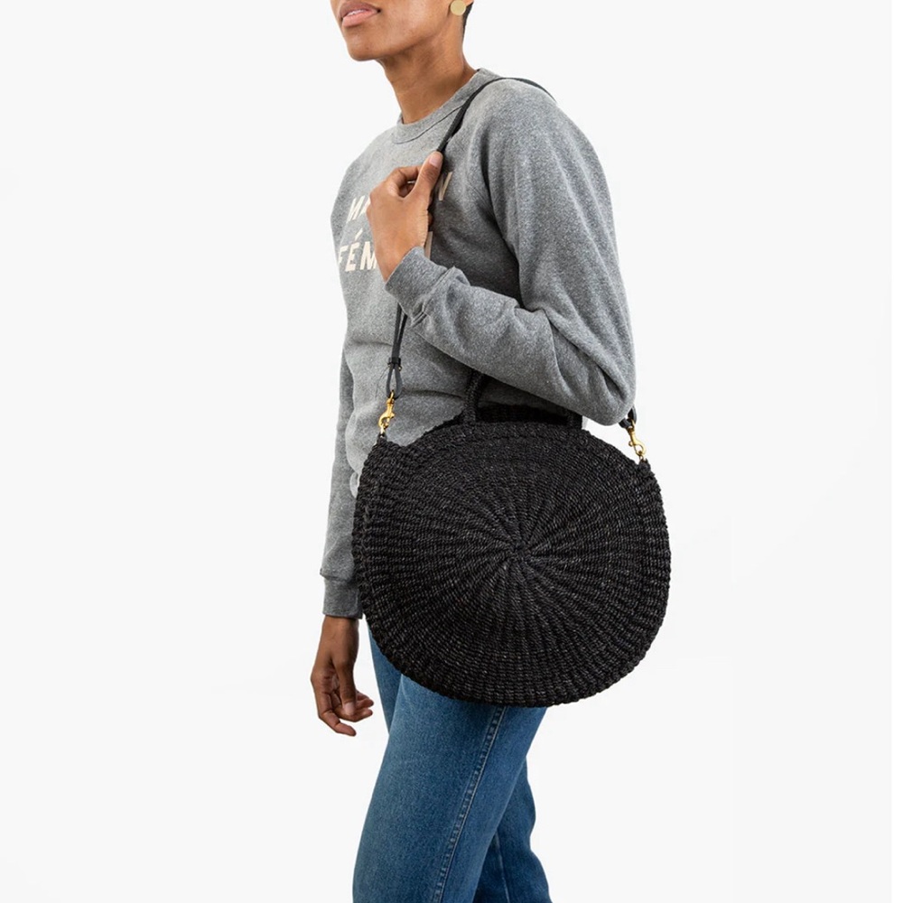 Clare V Black Round Woven Shoulder Bag